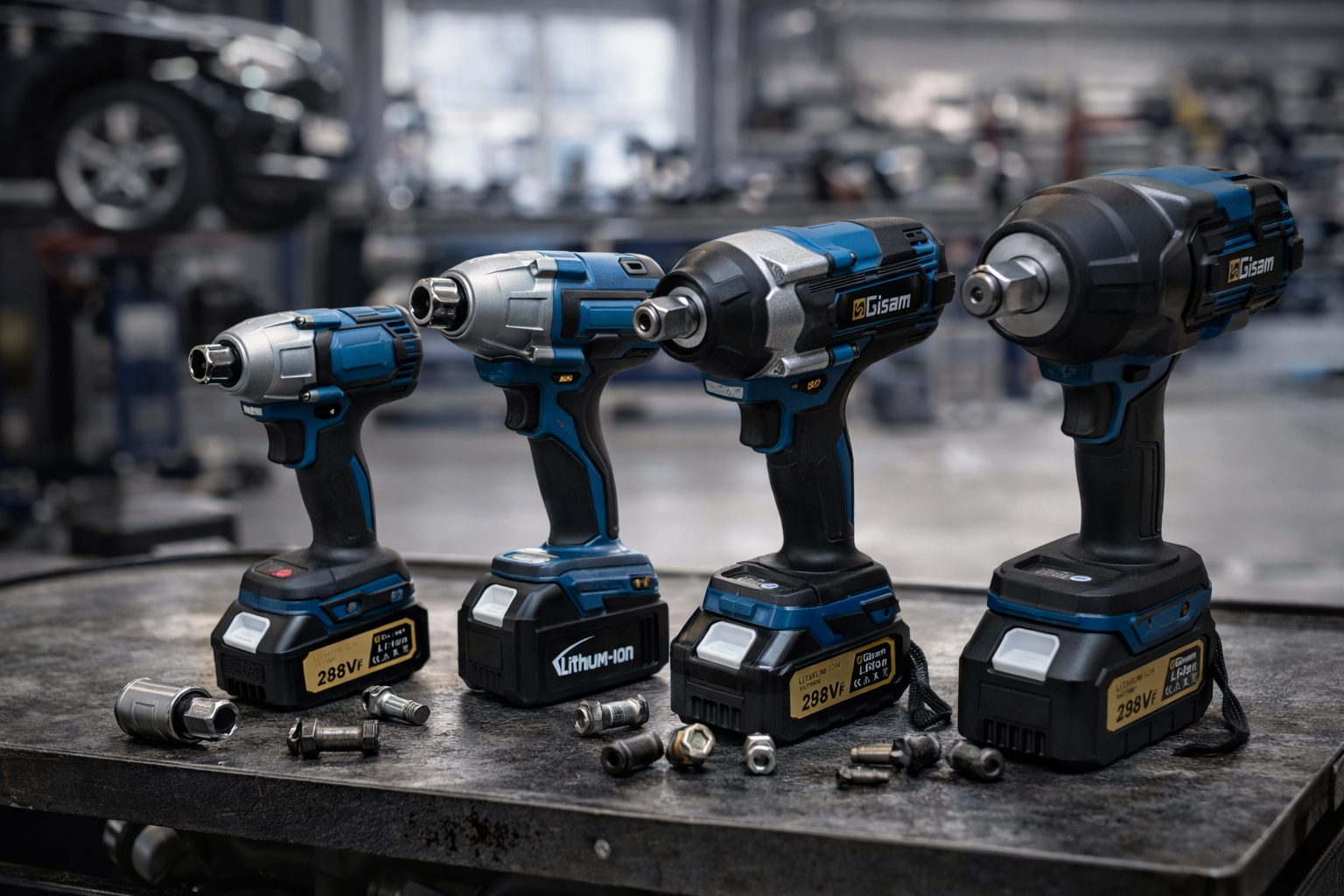 Collection de clés à choc électriques de différentes puissances dans un garage automobile