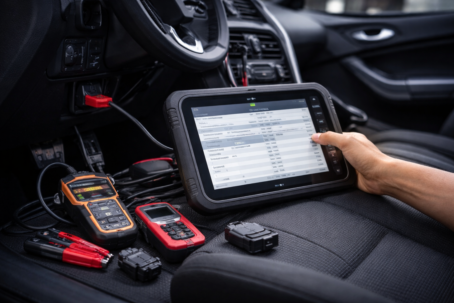 Outils de diagnostic électronique automobile avec valise OBD et scanners dans un véhicule
