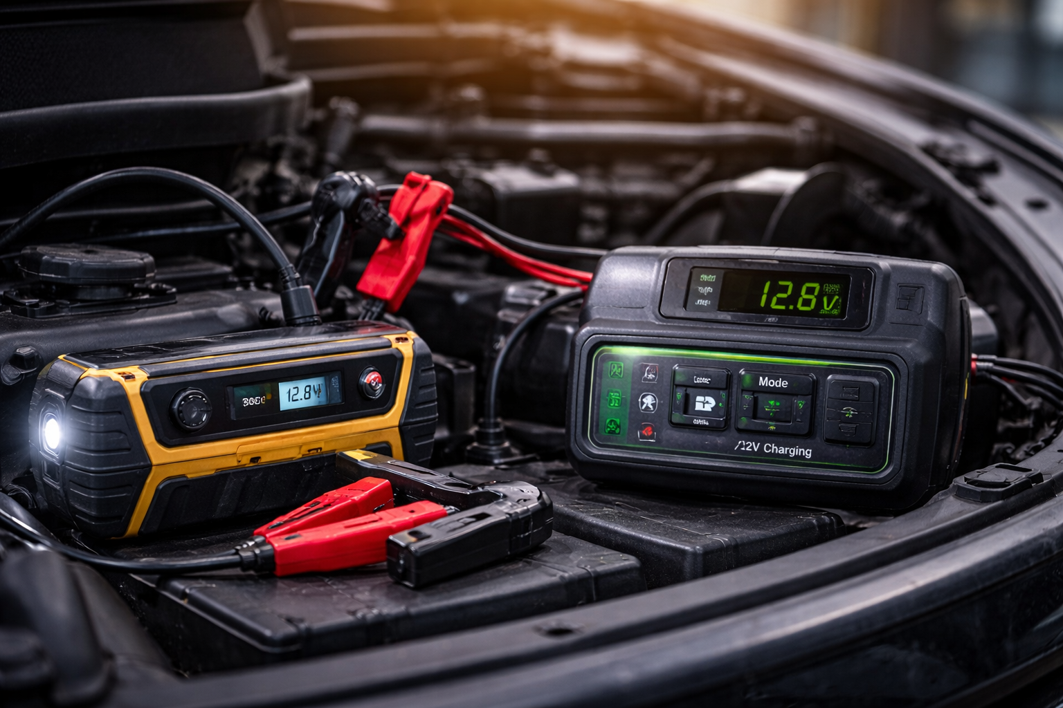 Booster de démarrage et chargeur de batterie automobile 12V installés dans un compartiment moteur