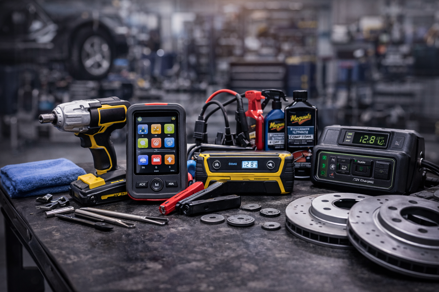 Sélection des meilleures ventes d’outillage automobile dans un garage avec clés à choc, diagnostic et chargeurs de batterie