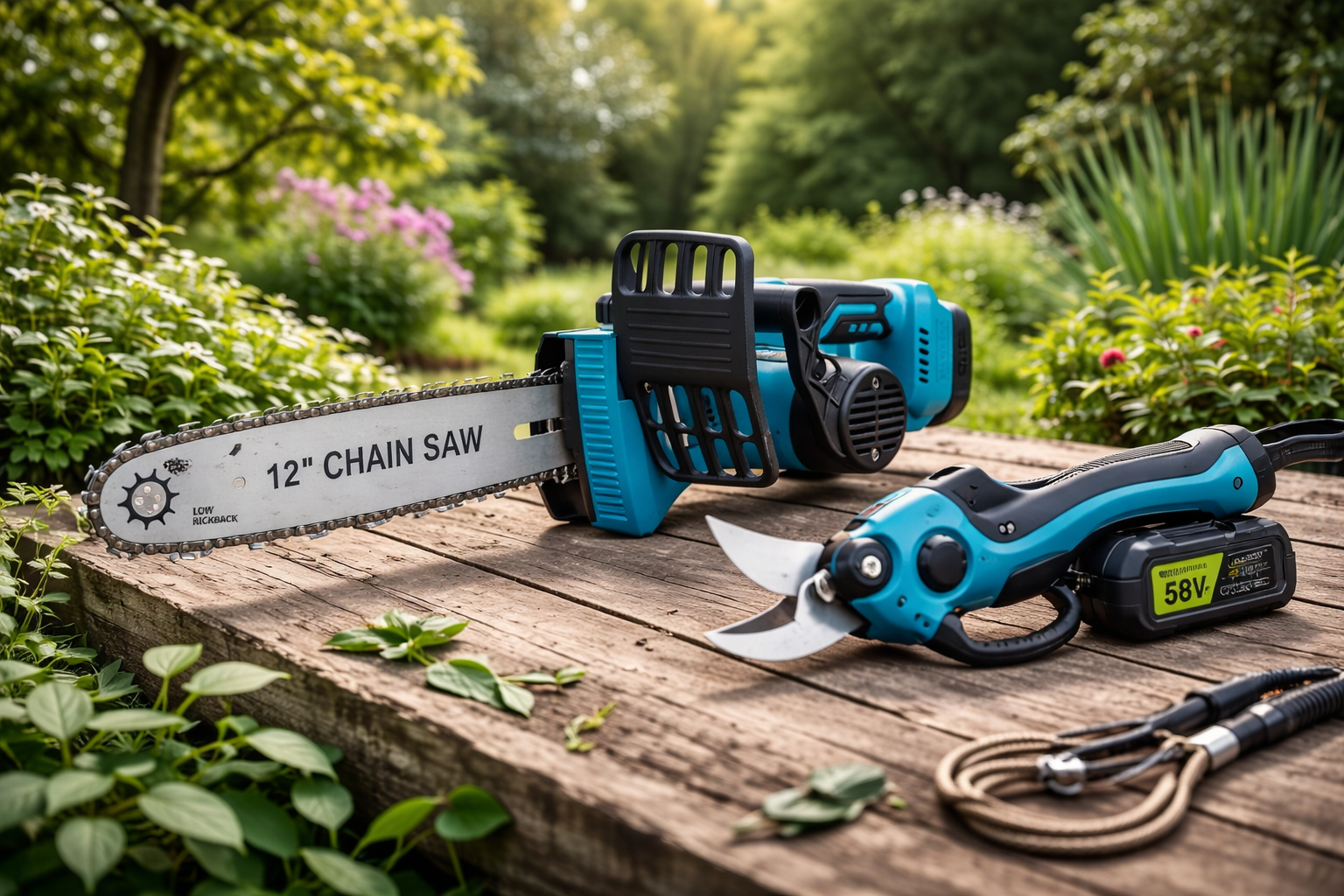 Outils de jardin et d’élagage avec tronçonneuse électrique sans fil pour entretien extérieur et coupe de bois