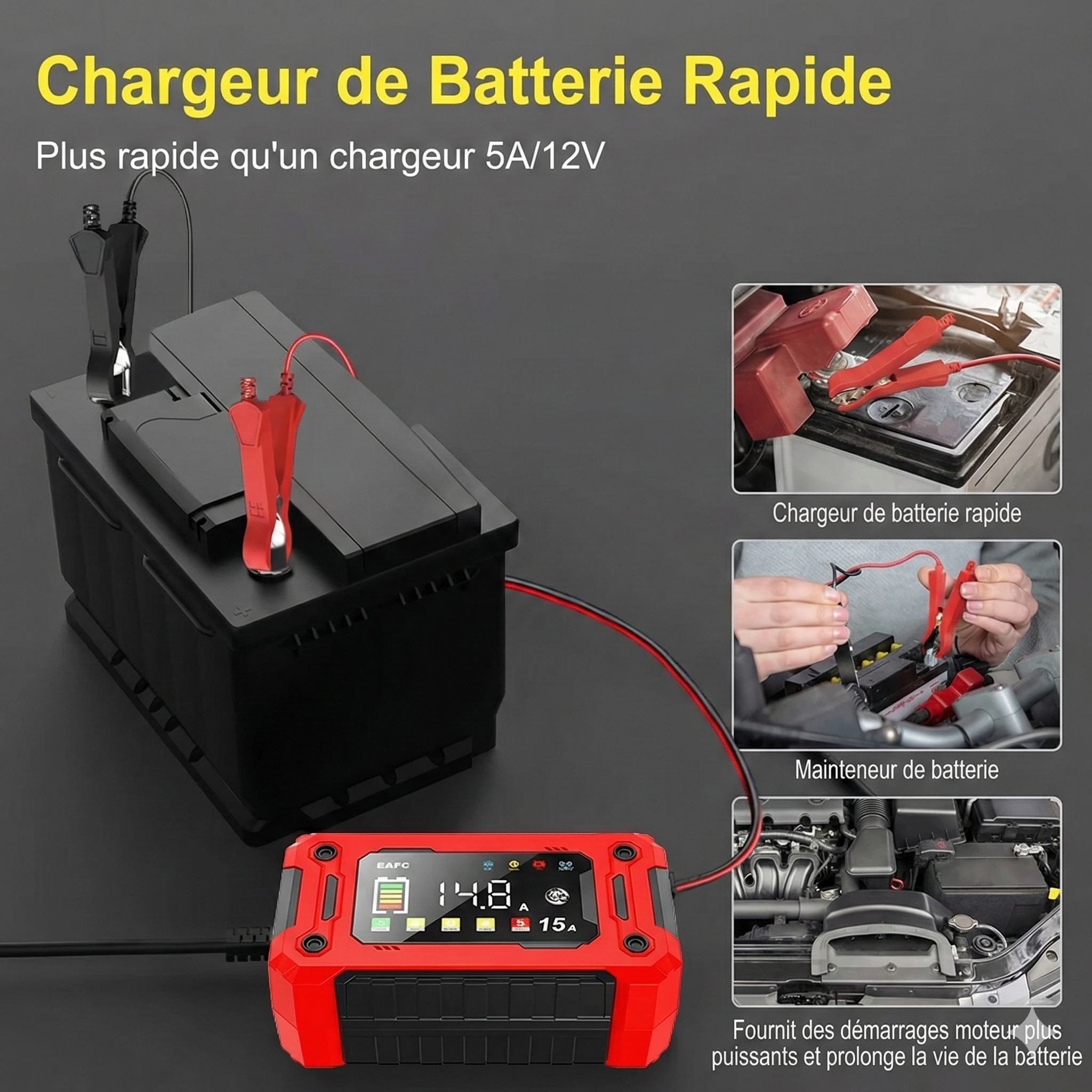 Chargeur de Batterie Intelligent EAFC 12V 15A – Réparation & Charge Rapide Automatique