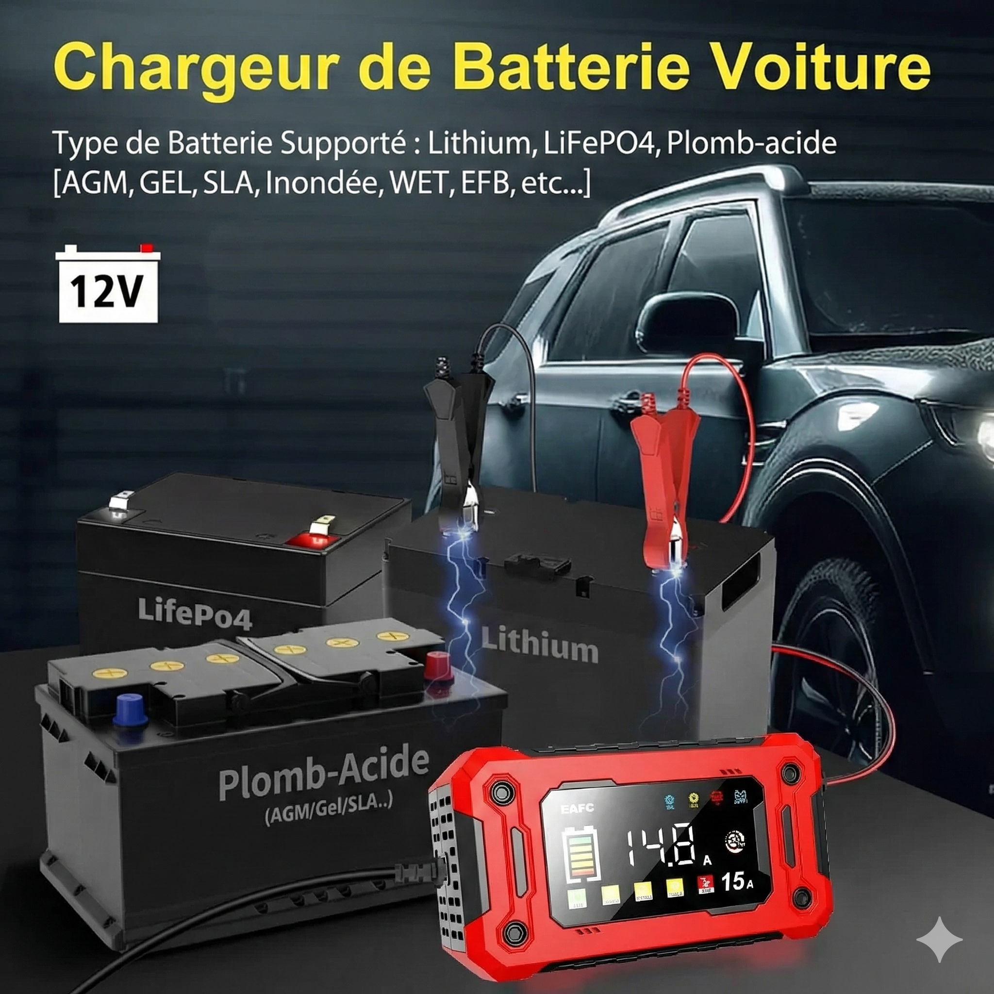 Chargeur de Batterie Intelligent EAFC 12V 15A – Réparation & Charge Rapide Automatique