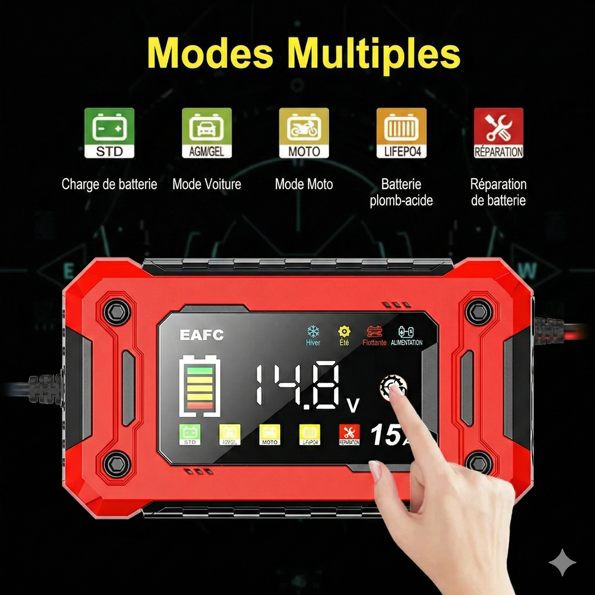 Chargeur de Batterie Intelligent EAFC 12V 15A – Réparation & Charge Rapide Automatique