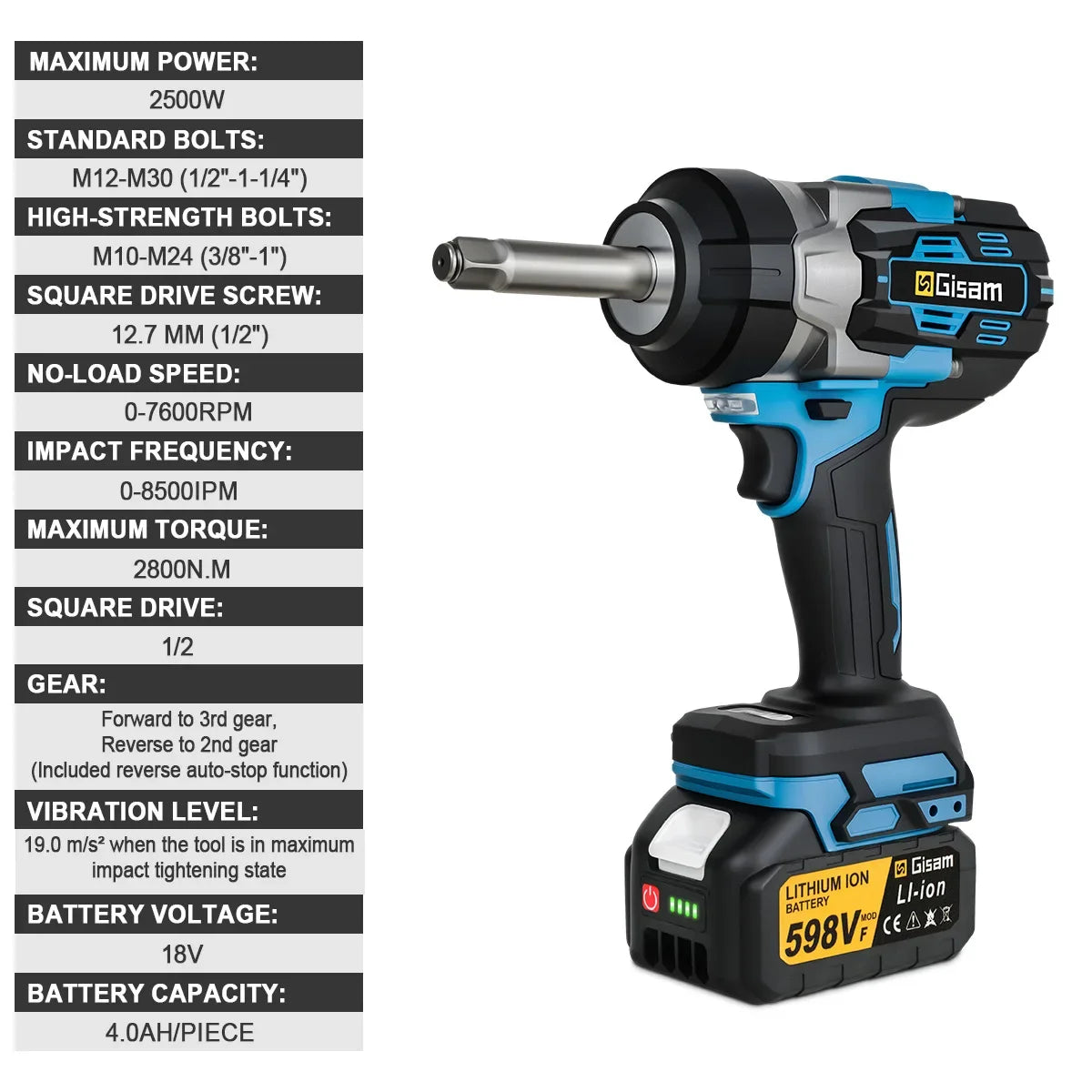 Clé à Choc Brushless 18V – 2800 Nm Arbre Long | Compatible Makita