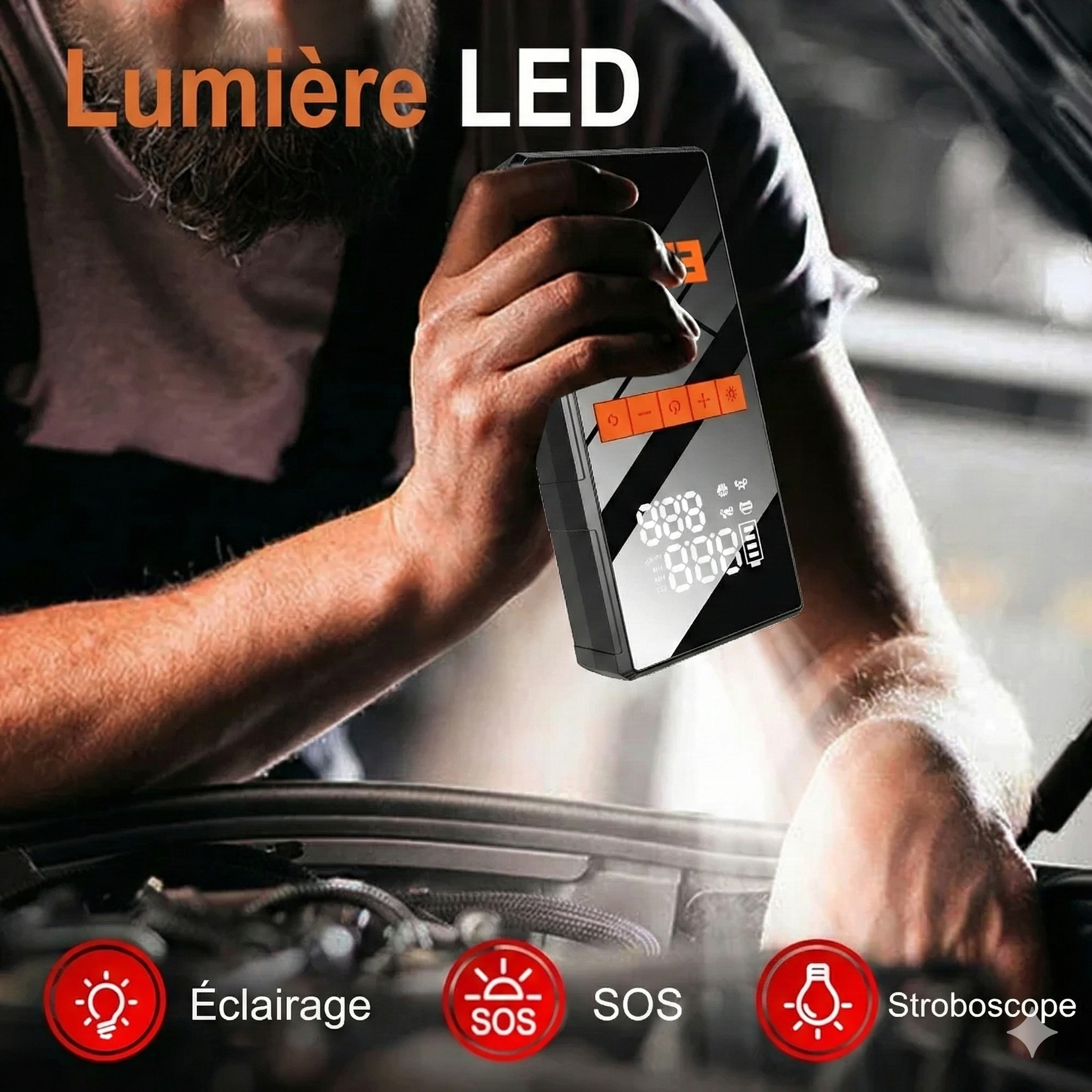 Démarreur de batterie portable avec lampe LED intégrée pour voiture, modes éclairage, SOS et stroboscope.