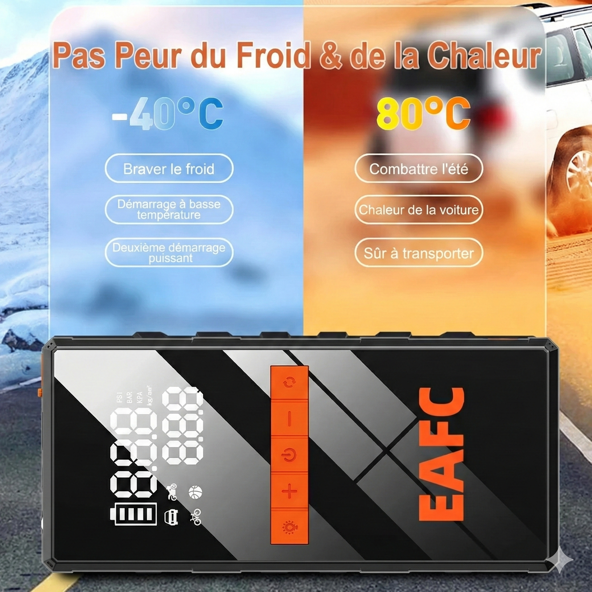 Démarreur de voiture haute performance résistant aux températures extrêmes de -40°C à +80°C.