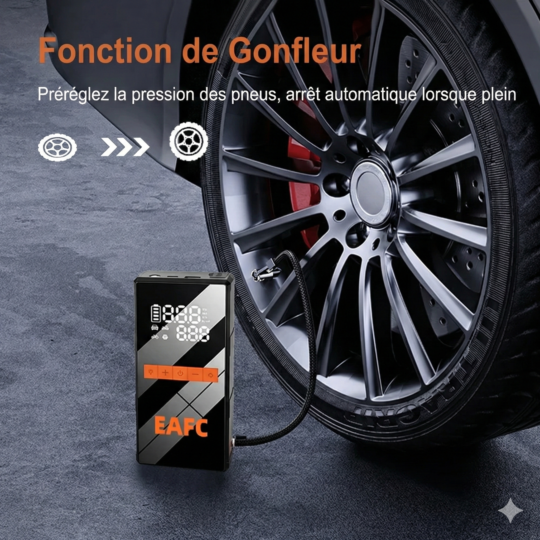 Compresseur d'air portable et gonfleur de pneu avec écran numérique et arrêt automatique pour voiture et vélo.